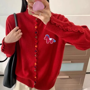 100%纯羊毛开衫女半高领彩扣小马刺绣针织毛衣宽松羊绒衫外套上衣