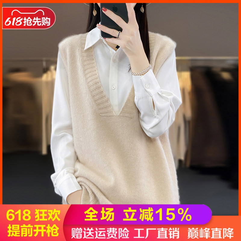 秋冬100%纯羊毛衫马甲女V领坎肩