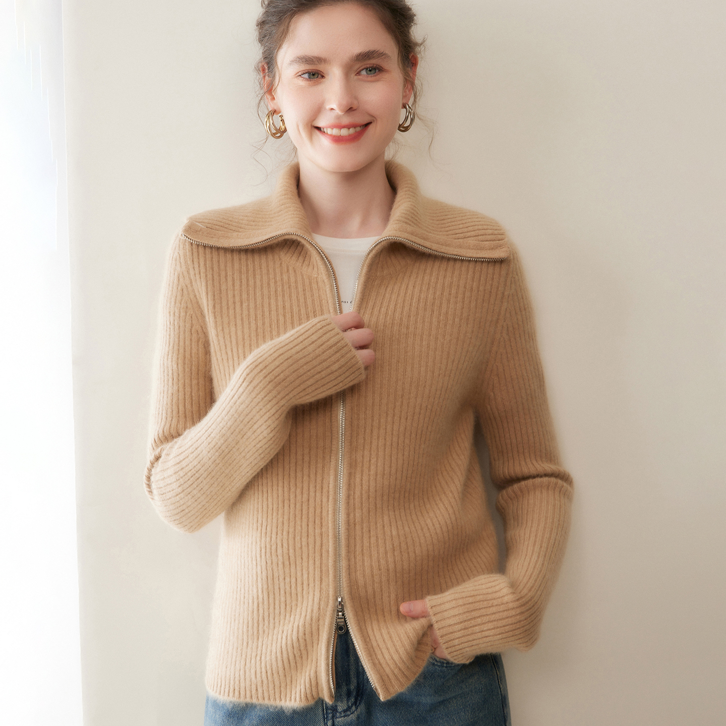 高级感翻领双拉链加厚山羊绒开衫女坑条针织毛衣宽松长袖羊毛外套