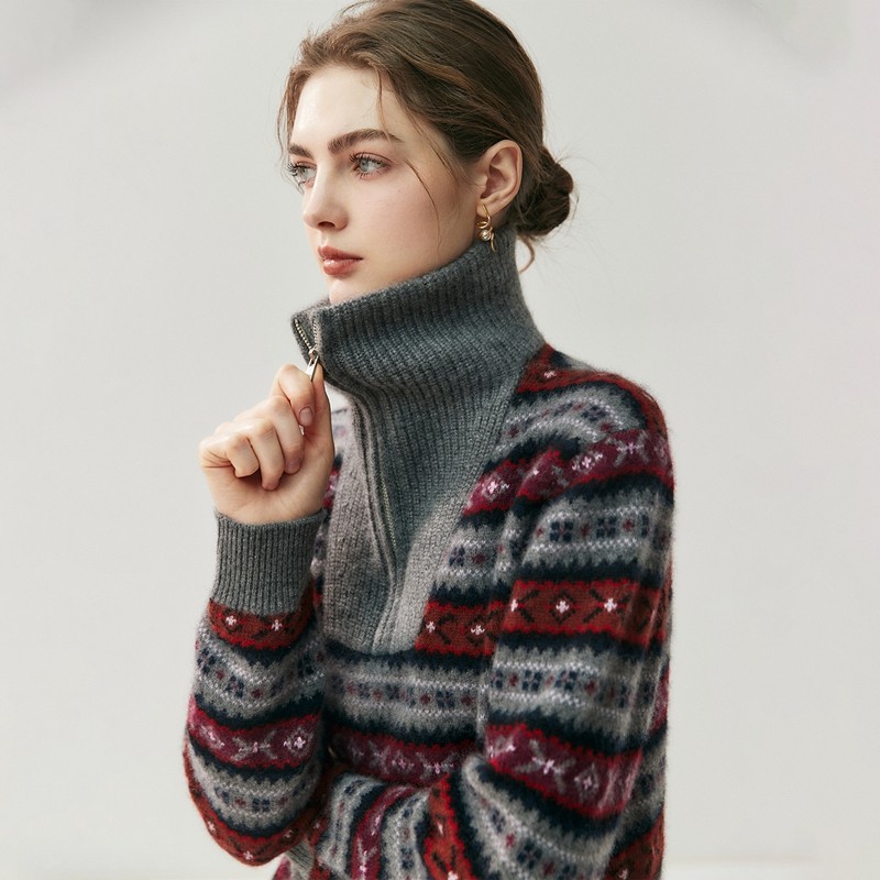重磅加厚费尔岛山羊绒衫女高领拉链提花针织毛衣松弛感宽松羊毛衫,女装/女士精品,羊绒衫,淘宝优惠券,粉丝福利购,淘宝优惠卷
