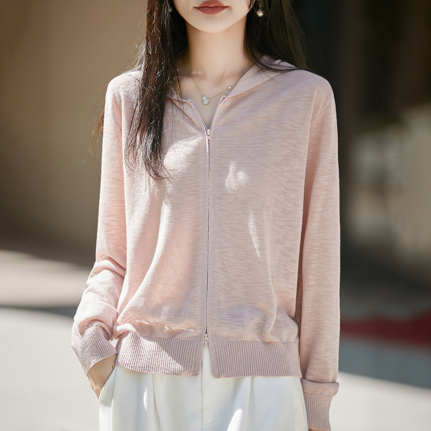 26春秋竹节麻针织连帽开衫女双拉链纯色薄款长袖毛衣宽松防晒外套