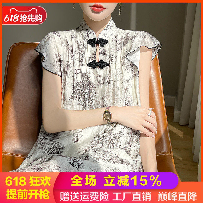 立领盘扣缎面真丝中长款女连衣裙