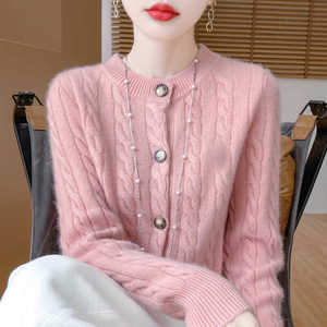 100%纯羊绒开衫女圆领扭花刺绣针织衫外套毛衣复古宽松羊毛衫长袖