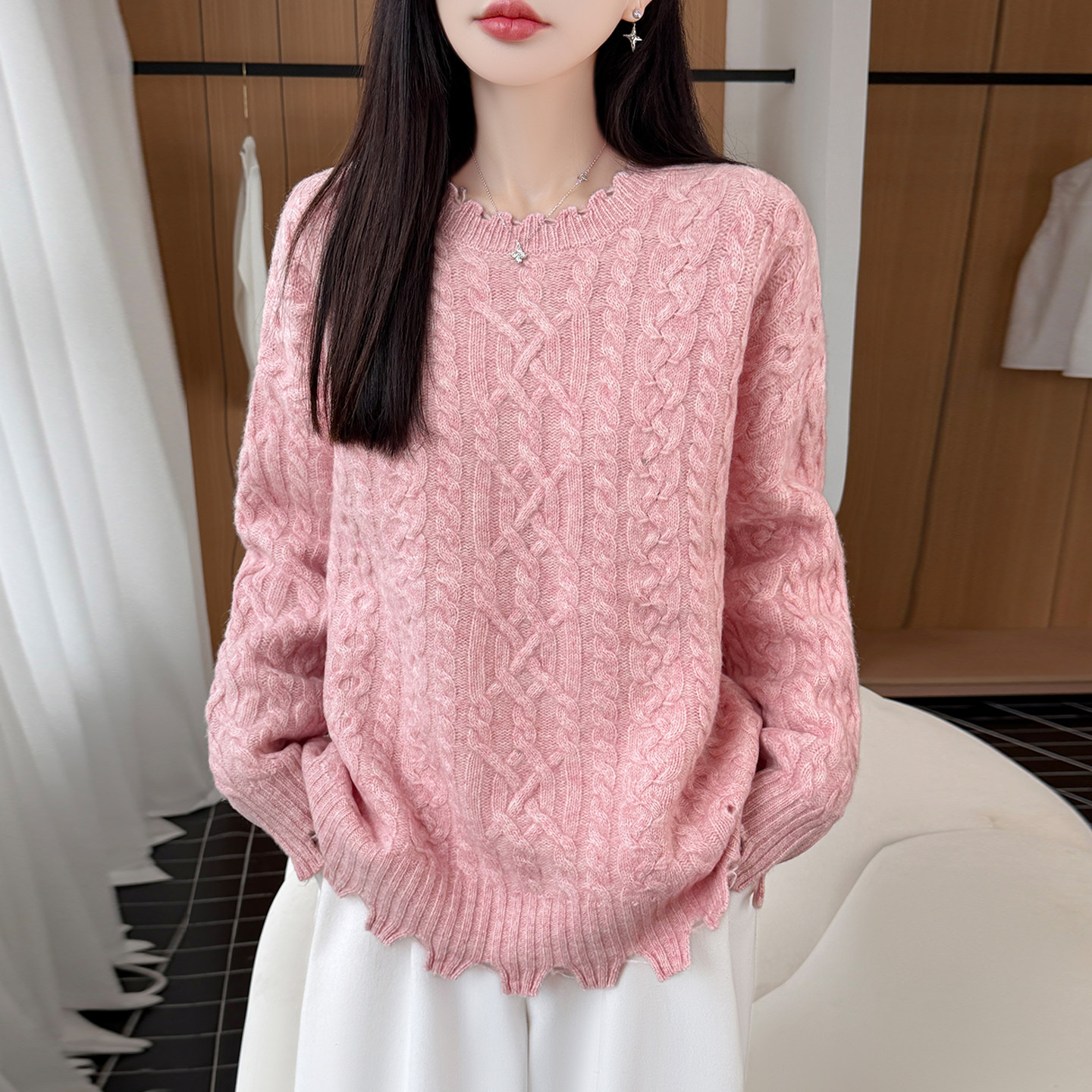秋冬加厚100%羊毛女圆领毛衣打底