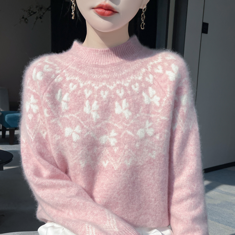 半高领加厚100%纯羊毛衫针织毛衣女宽松拼色提花上衣宽松羊绒打底