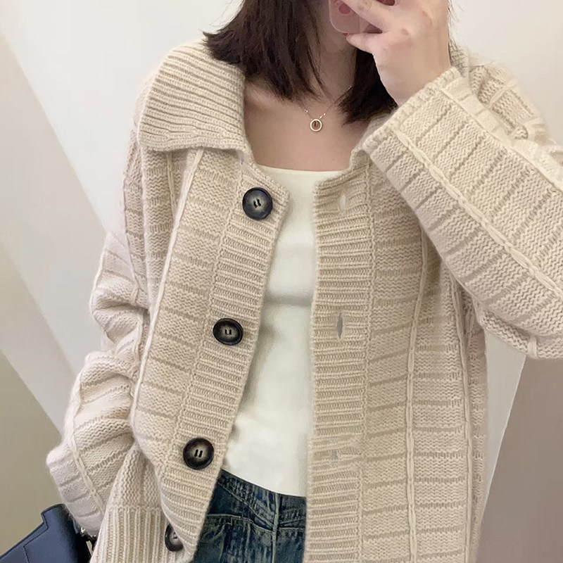 韩版宽松慵懒风100%纯羊毛开衫女翻领加厚扭花针织毛衣羊绒衫外套