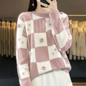 100%纯羊绒衫女圆领撞色勾花毛衣针织衫宽松慵懒风羊毛打底衫上衣