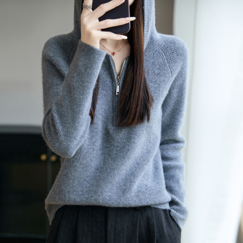 连帽半拉链100%纯羊毛衫针织帽衫