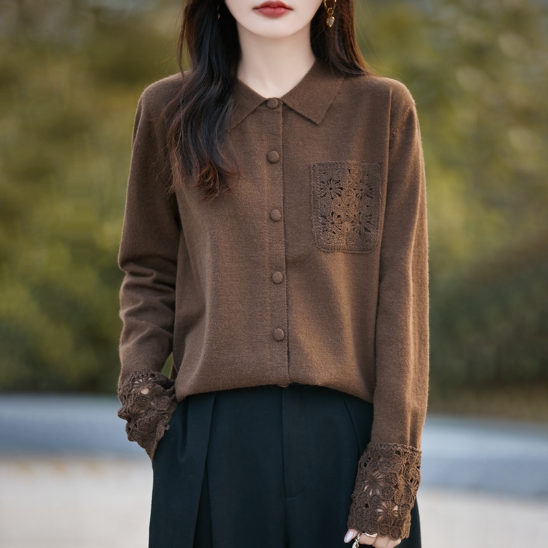 加厚POLO领精纺羊毛开衫镂空外套