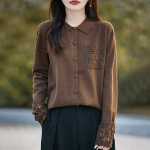 25年加厚POLO领精纺羊毛开衫女镂空钩花针织毛衣宽松休闲带兜外套