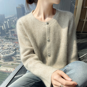 2024秋冬100%纯山羊绒开衫女圆领花纱毛衣外套复古宽松羊毛衫外搭