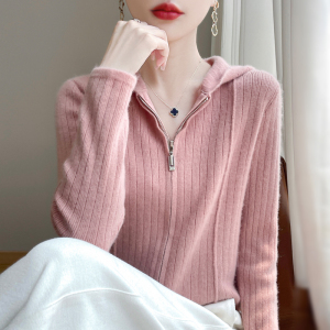 秋冬连帽100%纯羊绒衫拉链开衫女坑条外套毛衣宽松羊毛衫长袖外搭