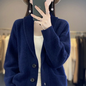 100%纯羊绒开衫女V领加厚针织毛衣外套宽松元宝针带兜羊毛衫上衣