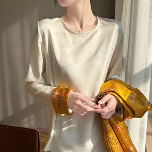 新中式缎面真丝圆领提花长袖女小马刺绣钩花盘扣上衣国风醋酸打底