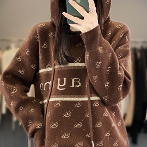 连帽100%纯羊绒衫卫衣女秋冬撞色亮丝毛衣长袖羊毛衫宽松针织帽衫