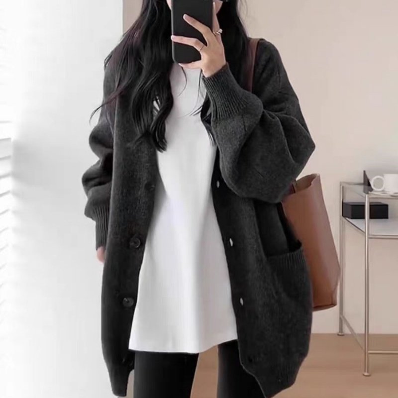 中长款100%纯羊毛开衫女V领外套