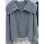 秋冬季100%纯羊毛开衫女翻领拉链坑条加厚针织毛衣宽松羊绒衫外套