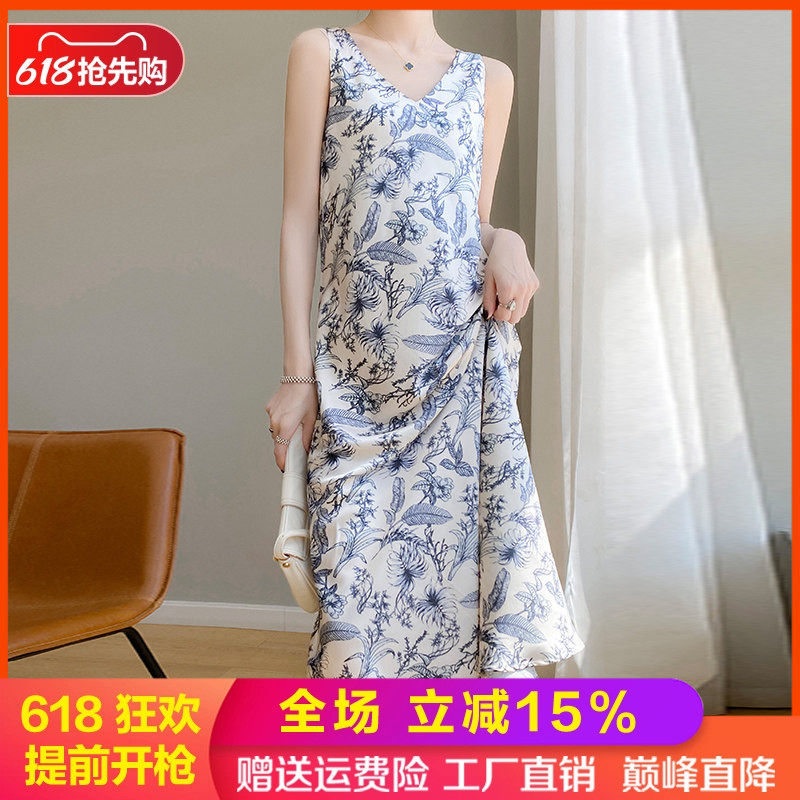 夏季新款V领碎花真丝缎面连衣裙