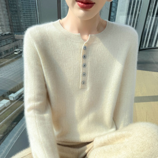 坑条纽扣上衣宽松打底羊毛衫 高端圆领山羊绒衫 针织毛衣女秋冬新款