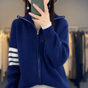 高领拉链100%纯羊绒开衫女拼色加厚针织外套毛衣宽松羊毛外搭上衣