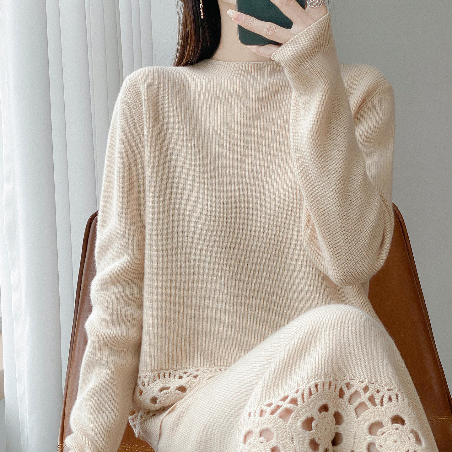 秋冬100%纯羊毛衫半身裙两件套女镂空钩花针织毛衣宽松羊绒衫套装