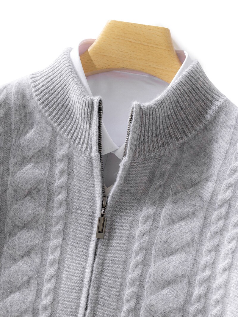 23 가을 겨울 100% 순수 캐시미어 지퍼 카디건 남성용 하프 터틀넥 트위스트 두꺼운 코트 스웨터 울 니트 탑