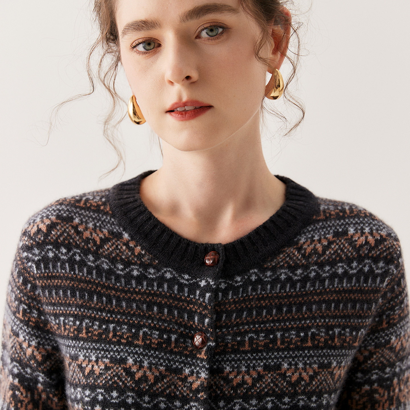 老钱风复古费尔岛提花山羊绒开衫女圆领宽松加厚拼色羊毛针织外套,女装/女士精品,羊绒衫,淘宝优惠券,粉丝福利购,淘宝优惠卷