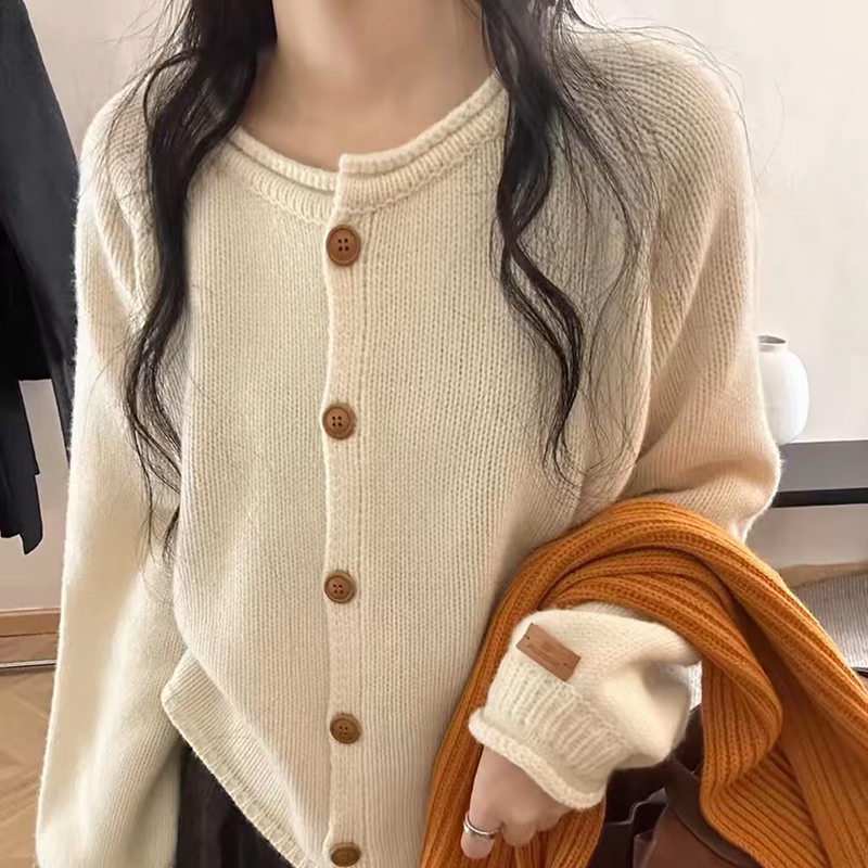 卷边圆领100%纯羊毛开衫毛衣外套