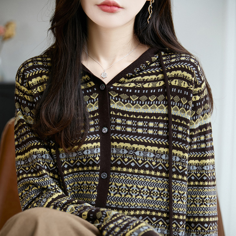 法式条纹拼色精纺羊毛衫外套开衫