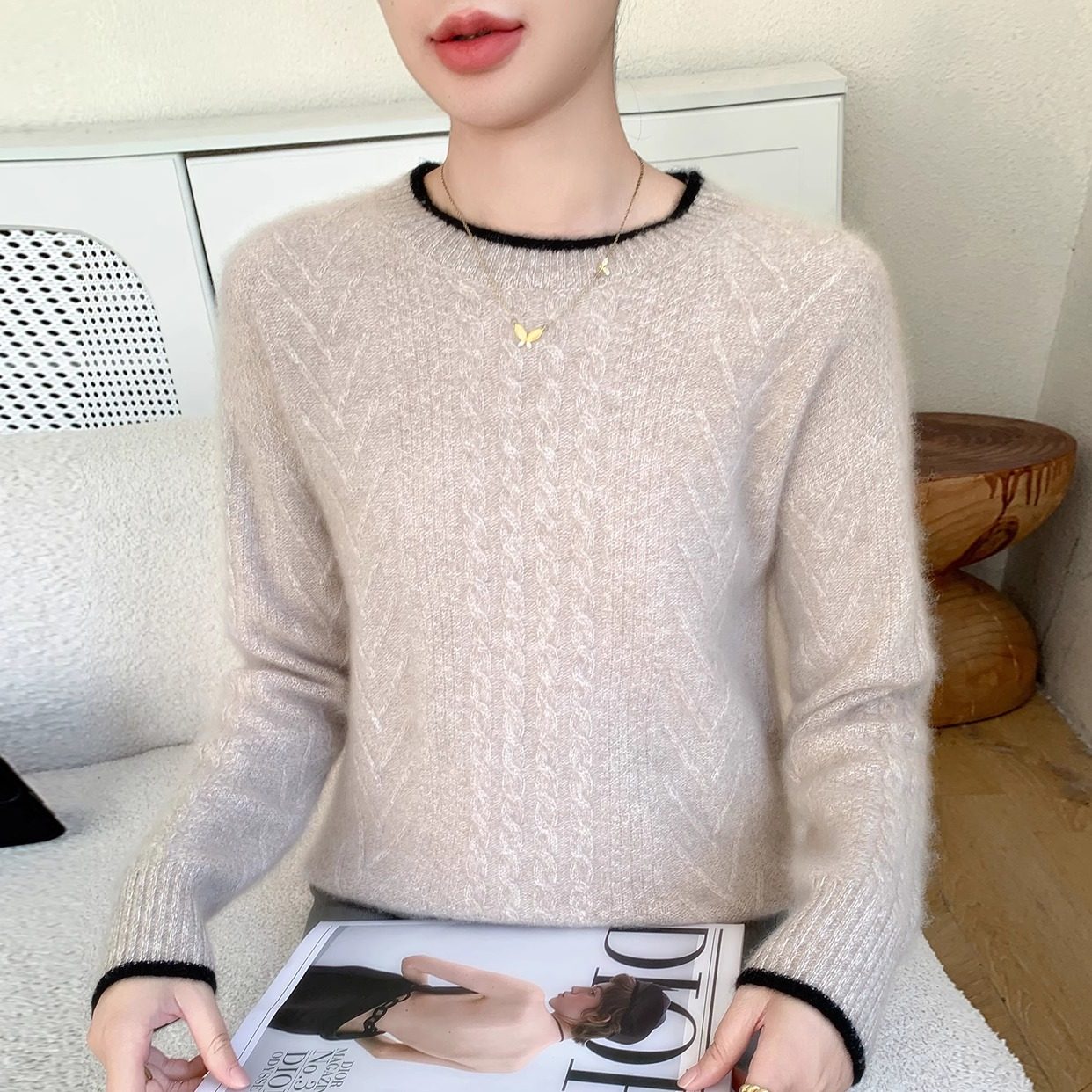 baby小山羊绒衫女圆领加厚扭花针织毛衣宽松花纱拼色打底羊绒上衣,女装/女士精品,羊绒衫,淘宝优惠券,粉丝福利购,淘宝优惠卷