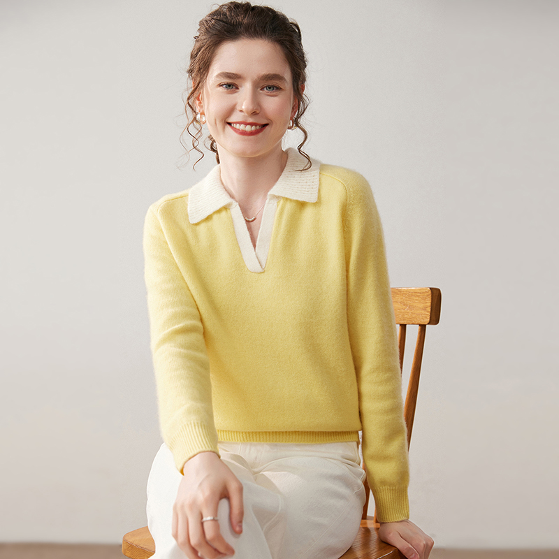 半开翻领拼色山羊绒衫女针织毛衣