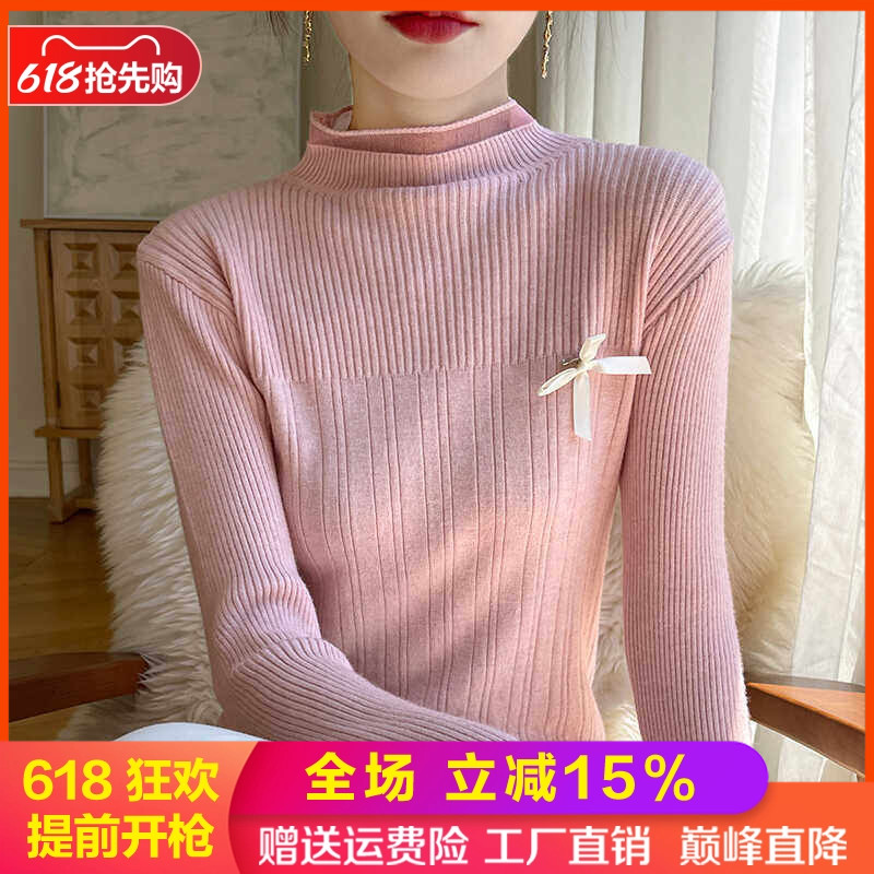 蝴蝶结别致蕾丝针织打底衫半高领