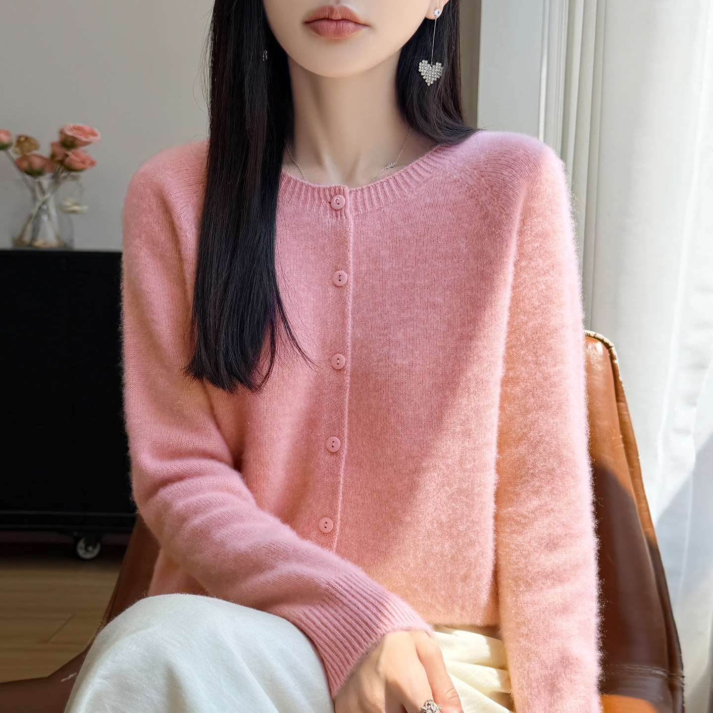秋冬100%羊毛女圆领加厚开衫外套
