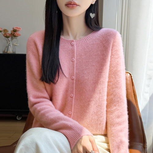 秋冬100%羊毛女圆领加厚开衫外套