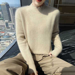 半高花边领100%纯山羊绒衫女衣2024秋冬加厚打底毛宽松羊毛衫上衣