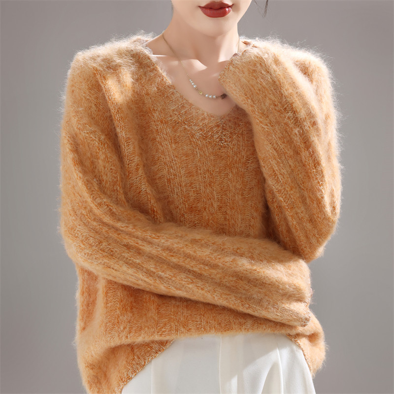 V领宽松慵懒风100%纯羊毛衫女坑条加厚拉绒针织毛衣打底羊绒毛衣