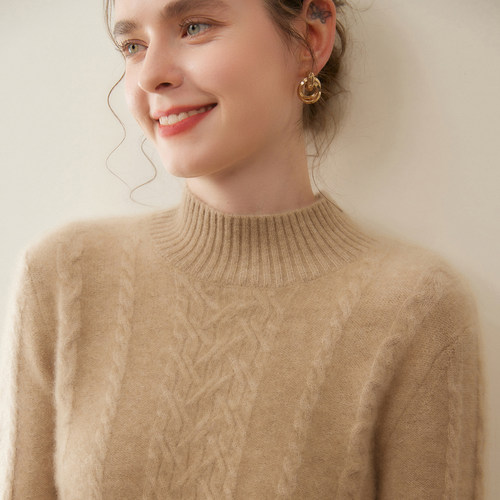 加厚半高领山羊绒衫绞花针织毛衣