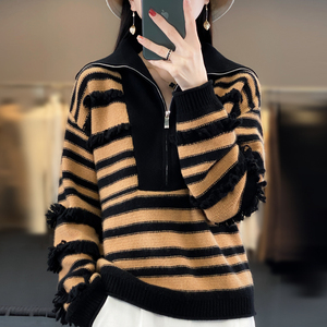 100%纯羊绒衫女半开领拉链条纹拼色针织衫毛衣宽松打底羊毛衫上衣