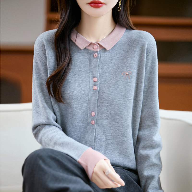 春秋精纺羊毛开衫女翻领钉珠毛衣