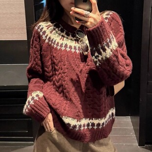 重磅加厚100%纯羊毛衫女圆领费尔岛拼色提花针织毛衣宽松羊绒打底
