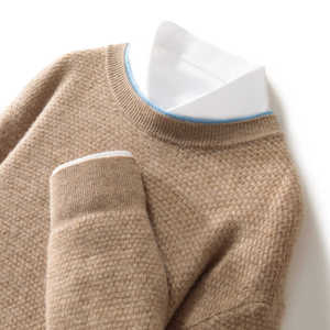 2024秋款100%纯羊绒男士宽松圆领加厚拼色毛衣宽松羊毛针织打底衫