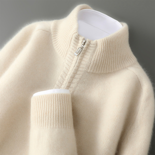 秋冬新款加厚100%纯羊毛衫男士半高领拉链针织毛衣宽松提花羊绒衫