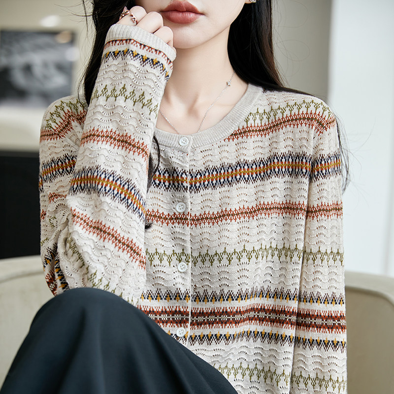 复古撞色条纹精纺羊毛开衫女外套