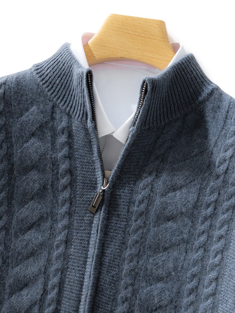 23 가을 겨울 100% 순수 캐시미어 지퍼 카디건 남성용 하프 터틀넥 트위스트 두꺼운 코트 스웨터 울 니트 탑