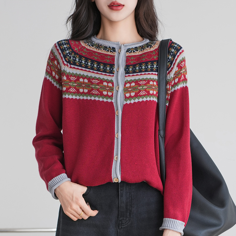 费尔岛提花圆领纯色撞色针织开衫