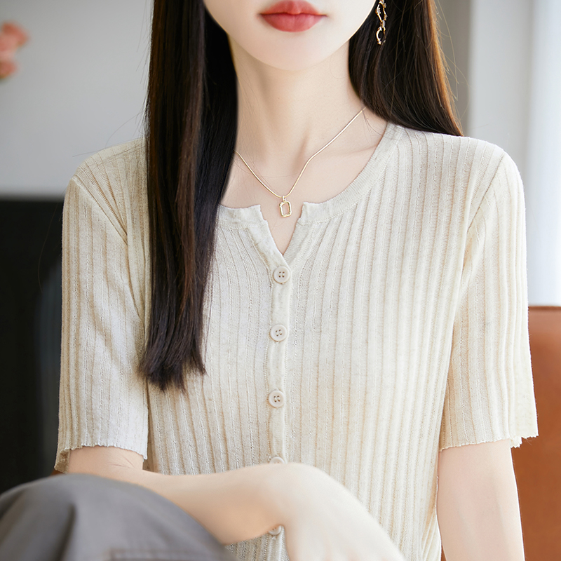 25夏季天丝亚麻针织短袖T恤开衫女半开V领坑条半袖上衣宽松打底衫