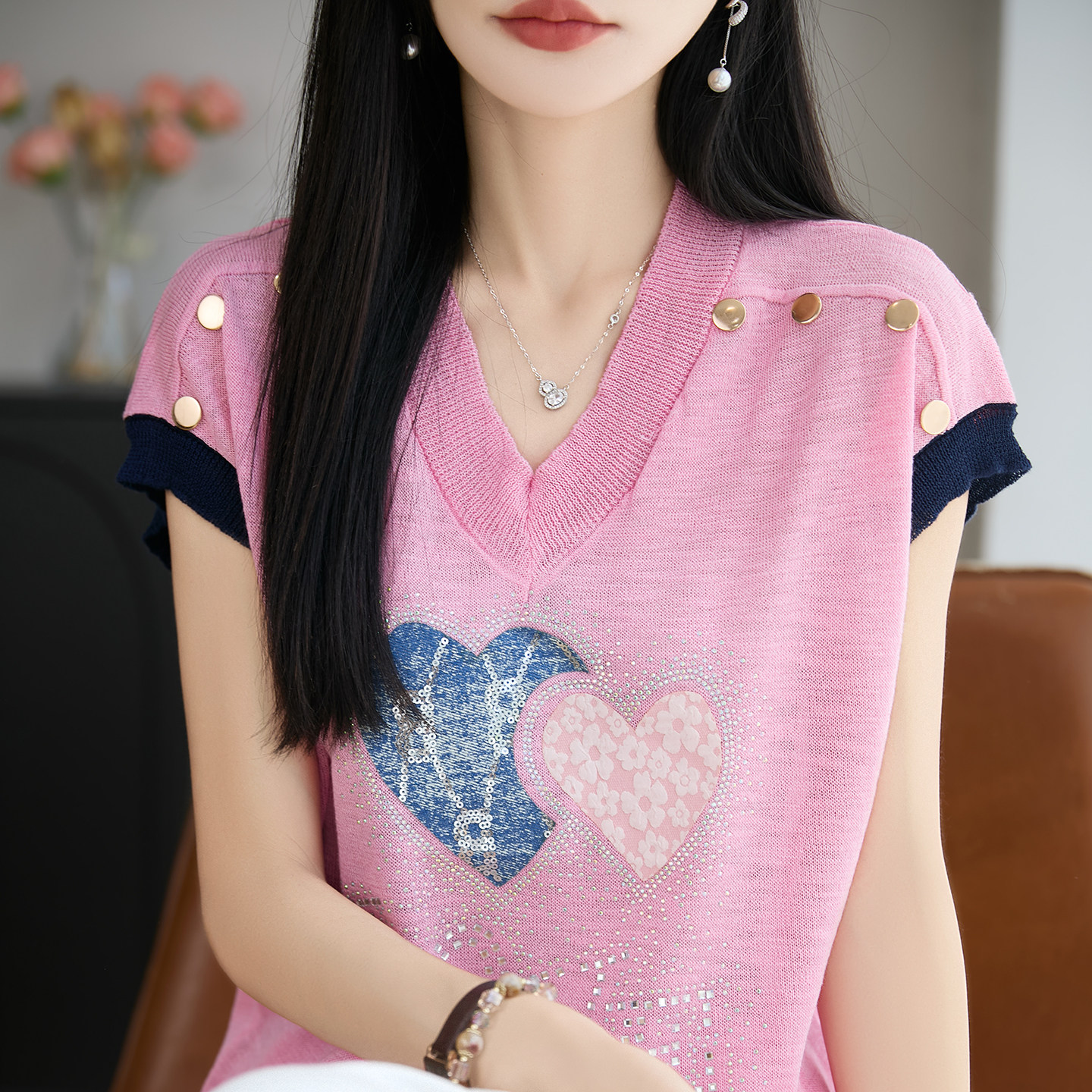重工爱心拼色镶钻针织短袖T恤女竹节麻V领纽扣背心宽松半袖打底衫