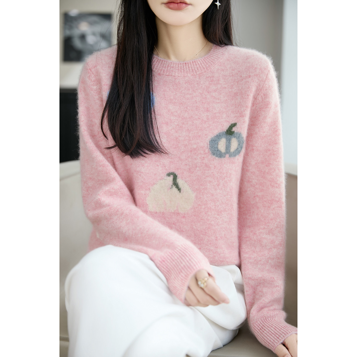 100%纯羊毛衫女圆领加厚宽松毛衣