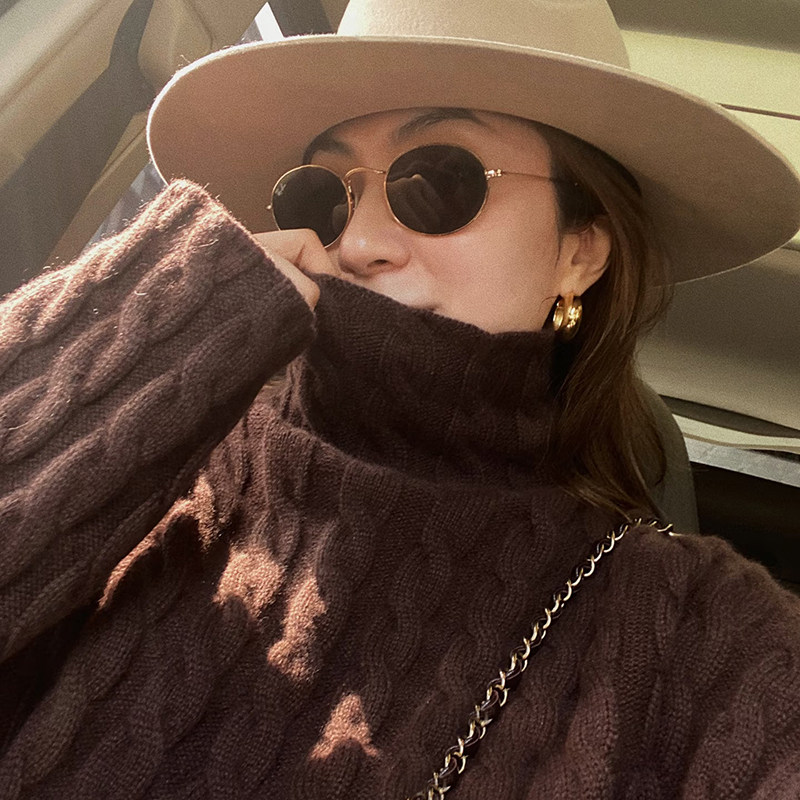 高领加厚中长款100%纯羊毛衫针织毛衣女宽松慵懒风麻花羊绒衫打底