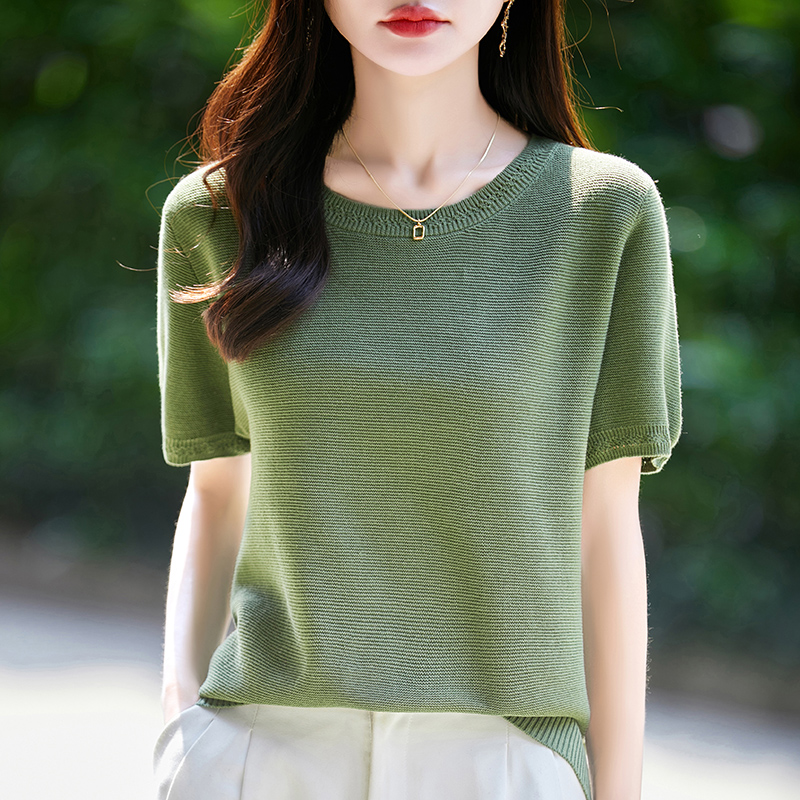 100%纯棉针织短袖T恤女圆领纯色百搭上衣宽松棉麻半袖短款打底衫
